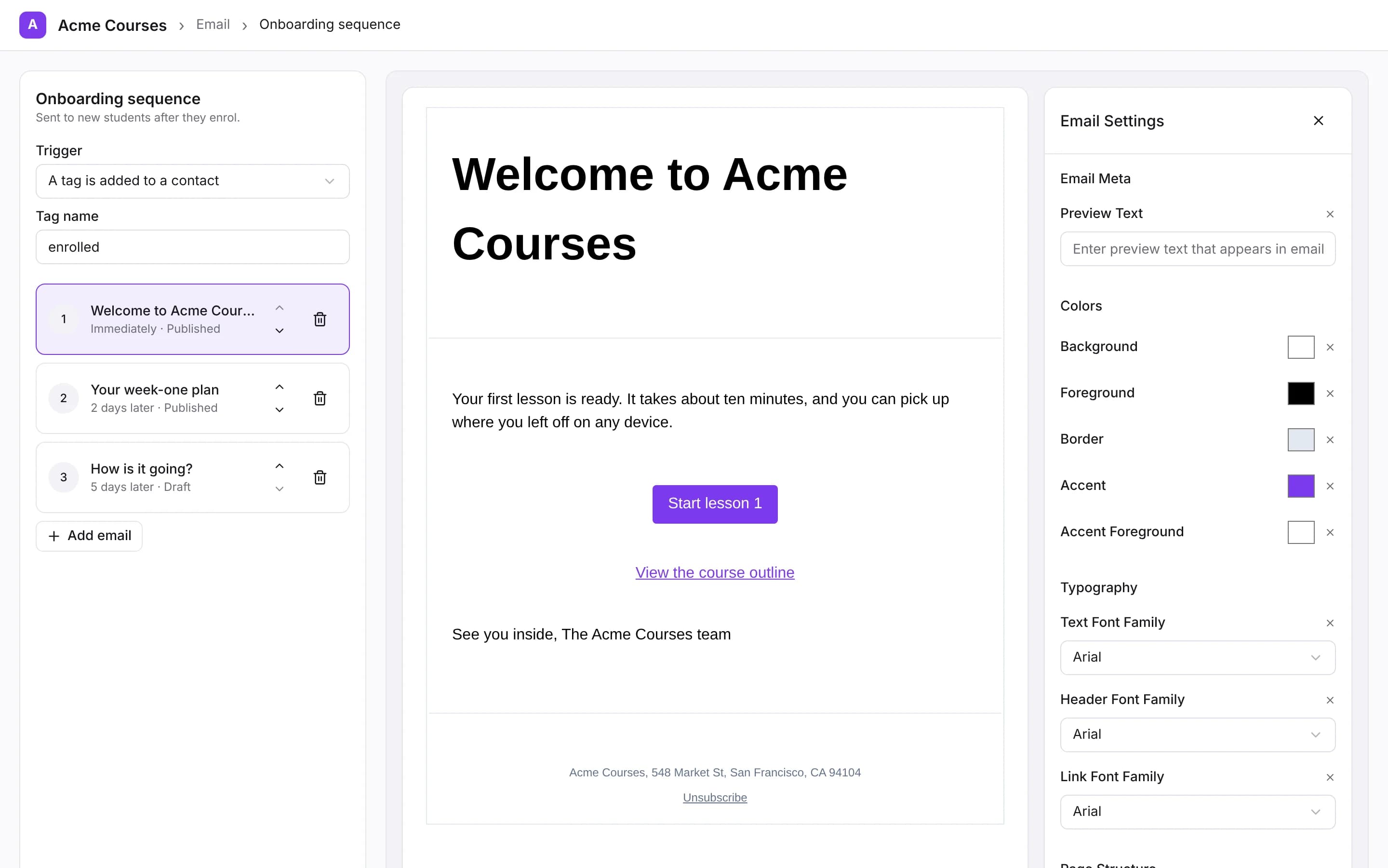 SendLit email editor and sequence list embedded in a violet host app